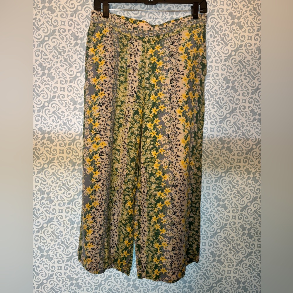 LOFT Floral Wide Leg Capri Pants - Yellow, blue, and Green